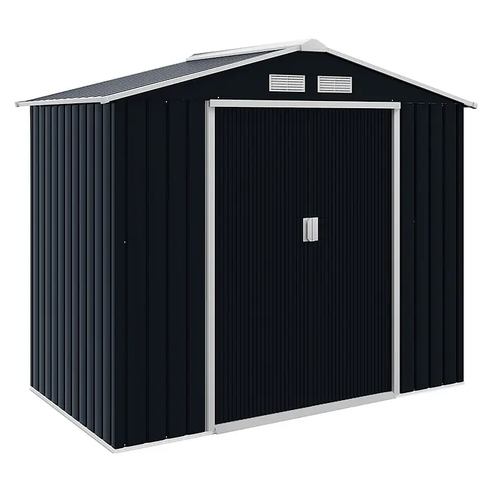 Outsunny Gerätehaus - Außenbreite inkl. Dachüberstand: 213 cm, Außentiefe inkl. Dachüberstand: 130 cm, Stahl, Dunkelgrau - Dunkelgrauer Metall-Gartenschuppen mit weißem Dach, Doppeltür und Lüftung.