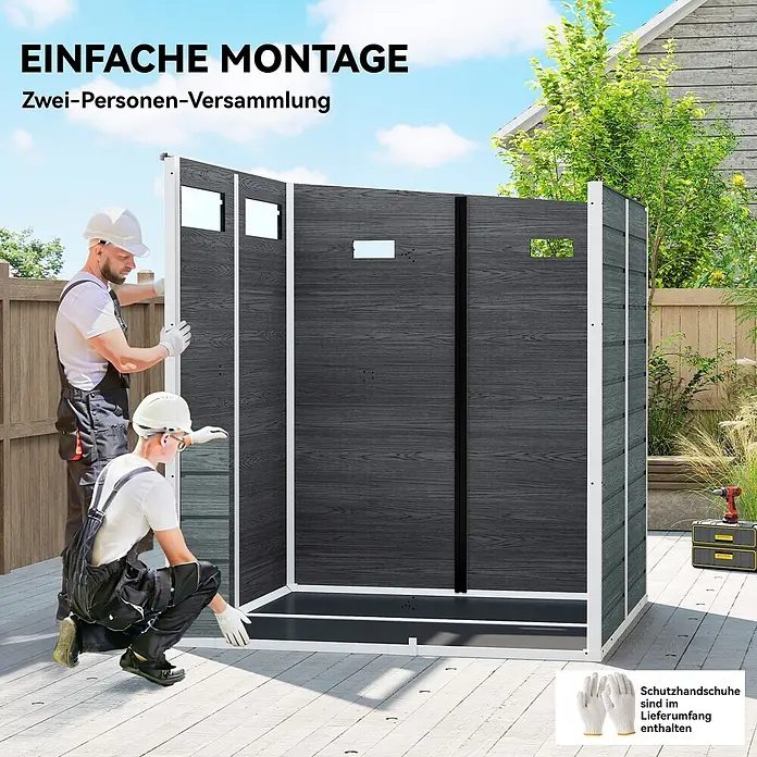 Outsunny Gerätehaus - Außenbreite inkl. Dachüberstand: 182 cm, Außentiefe inkl. Dachüberstand: 182 cm, Aluminium, Grau - Zwei Personen montieren eine dunkelgraue Duschkabine in Holzoptik mit weißen Rahmen im Garten.