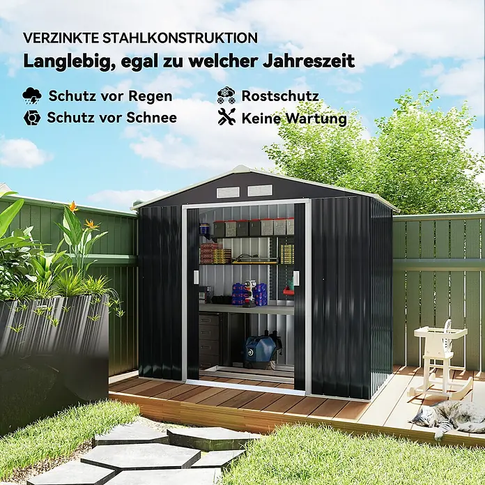 Outsunny Gerätehaus - Außenbreite inkl. Dachüberstand: 213 cm, Außentiefe inkl. Dachüberstand: 130 cm, Stahl, Dunkelgrau - Dunkelgrauer Gartenschuppen aus verzinktem Stahl, langlebig für ganzjährige Lagerung im Freien.
