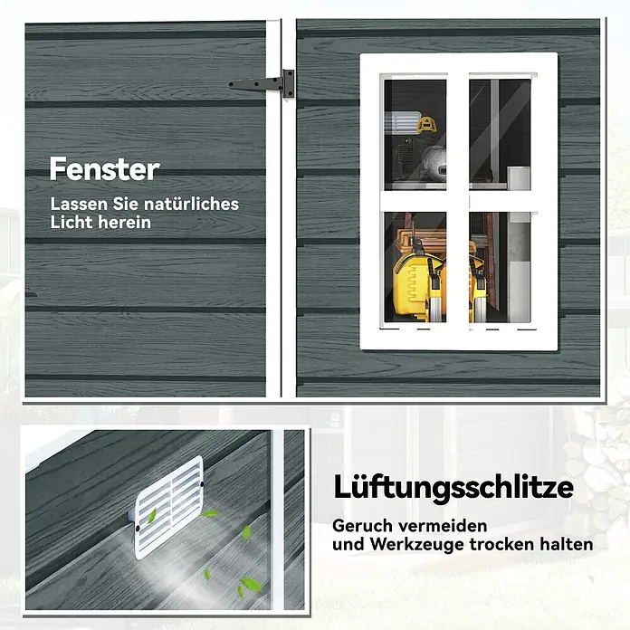 Outsunny Gerätehaus - Außenbreite inkl. Dachüberstand: 182 cm, Außentiefe inkl. Dachüberstand: 182 cm, Aluminium, Grau - Dunkelgrauer Geräteschuppen mit Fenster für natürliches Licht und Lüftungsschlitzen zur Belüftung.