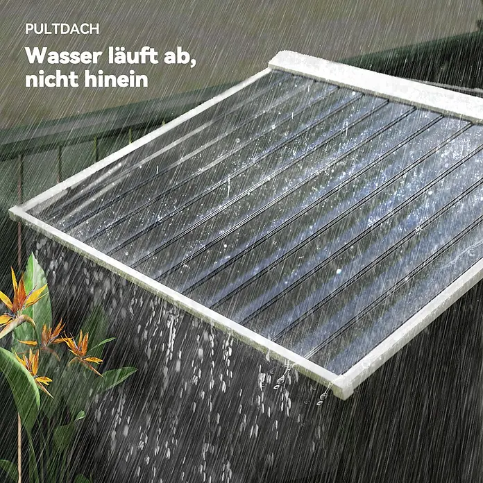 Outsunny Gerätehaus - Außenbreite inkl. Dachüberstand: 213 cm, Außentiefe inkl. Dachüberstand: 130 cm, Stahl, Dunkelgrau - Transparentes Pultdach mit weißem Rahmen, das Regenwasser abführt und Wasserdichtigkeit demonstriert.