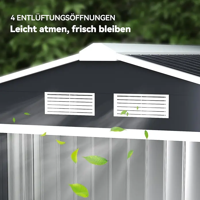 Outsunny Gerätehaus - Außenbreite inkl. Dachüberstand: 213 cm, Außentiefe inkl. Dachüberstand: 130 cm, Stahl, Dunkelgrau - Dunkelgraues Gartenhaus mit weißem Besatz und vier Lüftungsöffnungen, Luftzirkulation durch wehende Blätter angedeutet.
