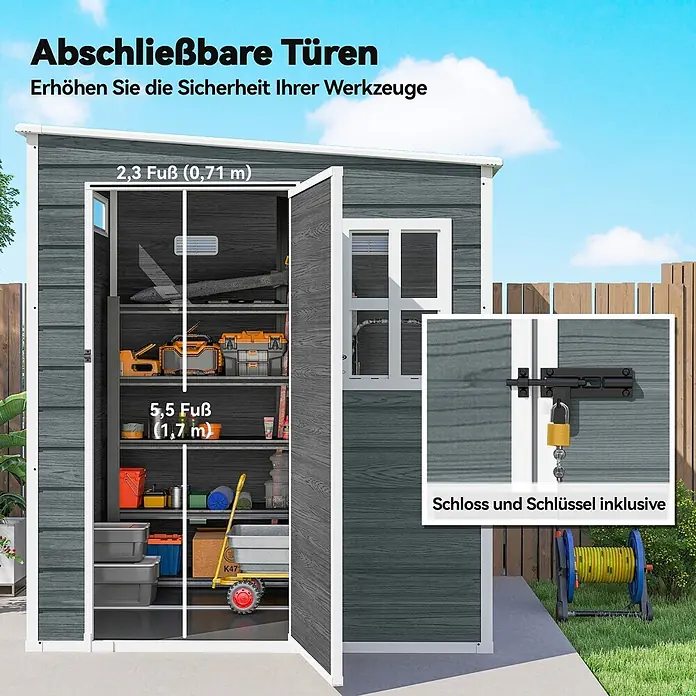 Outsunny Gerätehaus - Außenbreite inkl. Dachüberstand: 182 cm, Außentiefe inkl. Dachüberstand: 182 cm, Aluminium, Grau - Dunkelgrauer Geräteschuppen in Holzoptik mit offenen Türen und Regalen. Abschließbare Türen für Werkzeugsicherheit, Vorhängeschloss und Schlüssel inklusive.