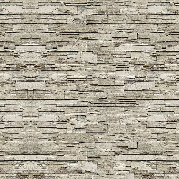 GEO Alu-Verbundplatte - 150 x 255 cm, Stone Sand - Wandverkleidung aus geschichteten Steinen in hellen Beige- und Grautönen.
