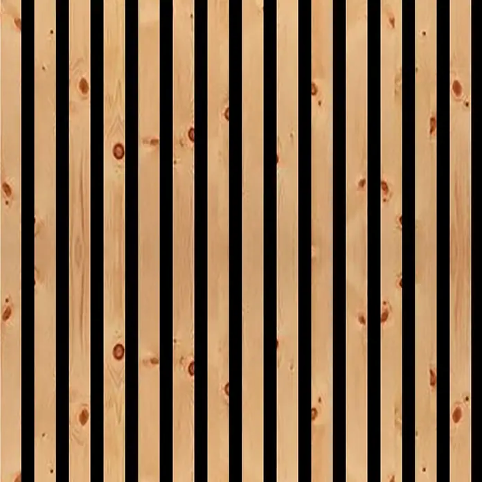 FN Neuhofer Akustikpaneel Acustico - Zirbe, L x B x S: 1.195 x 572,5 x 18 mm - Helle Holzlamellenwand mit natürlichen Ästen und schwarzen vertikalen Fugen.