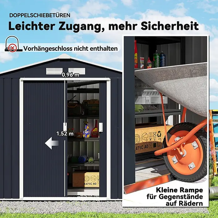 Outsunny Gerätehaus - Außenbreite inkl. Dachüberstand: 213 cm, Außentiefe inkl. Dachüberstand: 130 cm, Stahl, Dunkelgrau - Dunkelgrauer Geräteschuppen mit Doppelschiebetüren und Rampe für einfachen Zugang mit Rollgeräten. Türöffnung 0,96m breit, 1,52m hoch.