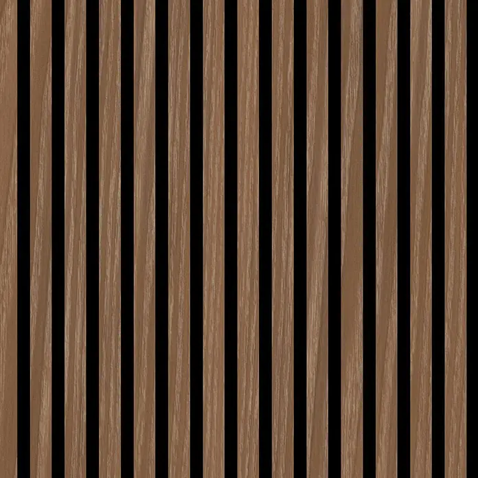 FN Neuhofer Akustikpaneel Acustico PVC - Eiche, L x B x S: 2.400 x 572,5 x 19 mm, 1 Stk., 1,374 m² - Braune Holzlamellen-Verkleidung mit schwarzen Zwischenräumen.