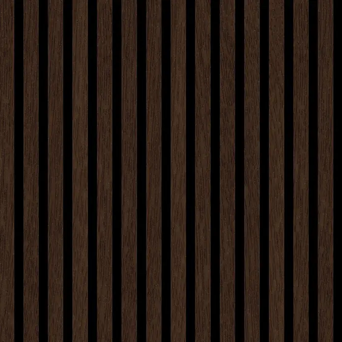 FN Neuhofer Akustikpaneel Acustico PVC - Eiche Medium, L x B x S: 2.400 x 572,5 x 19 mm, 1 Stk., 1,374 m² - Dunkelbraune vertikale Holzlamellen mit schwarzen Zwischenräumen für moderne Wandverkleidung.