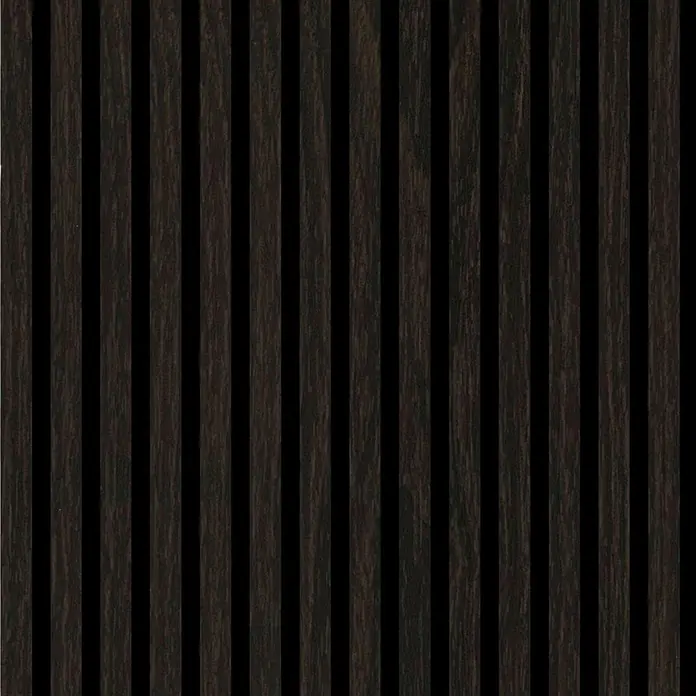 FN Neuhofer Akustikpaneel Acustico PVC - Eiche Dunkel, L x B x S: 2.400 x 572,5 x 19 mm, 1 Stk., 1,374 m² - Dunkle Holzlamellenwandverkleidung mit schwarzen Zwischenräumen.