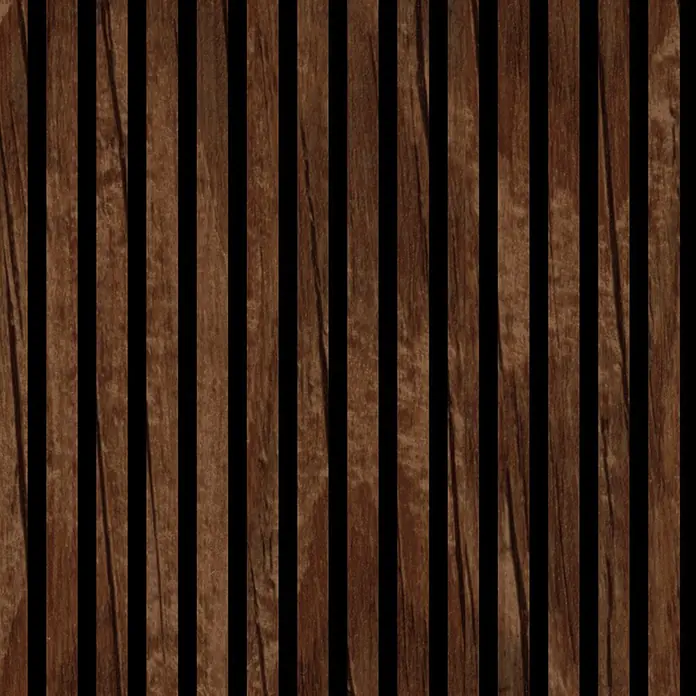 FN Neuhofer Akustikpaneel Acustico PVC - Eiche Rustikal, L x B x S: 2.400 x 572,5 x 19 mm, 1 Stk., 1,374 m² - Braune Holzlattenplatte mit vertikalen dunklen Zwischenräumen.
