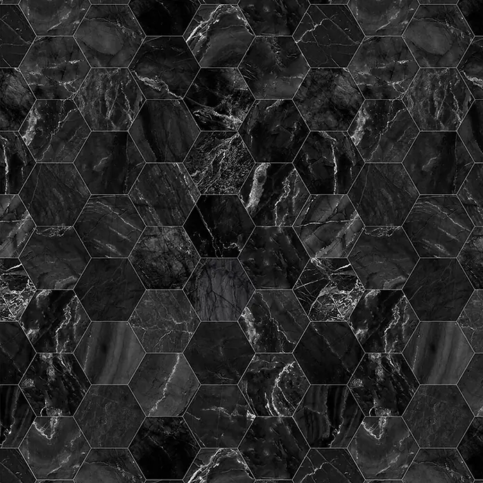 GEO Alu-Verbundplatte - 150 x 255 cm, Hexagon Anthrazit - Nahtloses Muster aus sechseckigen Fliesen aus schwarzem Marmor mit weißer Maserung.