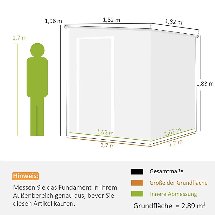 Outsunny Gerätehaus - Außenbreite inkl. Dachüberstand: 182 cm, Außentiefe inkl. Dachüberstand: 182 cm, Aluminium, Grau - Maßzeichnung eines Geräteschuppens mit Außen- und Innenmaßen, Höhe und einer Person von 1,7 m als Maßstab. Grundfläche 2,89 m².