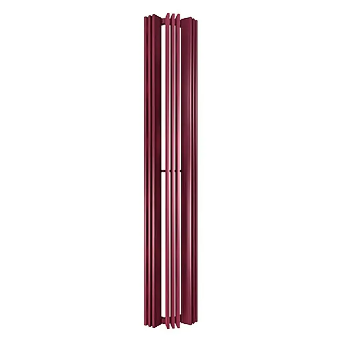 Admiral Designheizkörper Basel Vario - B x H: 330 x 1.800 mm, Wärmeleistung bei Vorlauftemperatur von 75 °C (D: 50): 1.038 W, Bordeaux - Eine Nahaufnahme eines vertikalen, burgunderroten Heizkörpers mit Lamellen. Er ist modern, schlank und sorgt für Wärme mit Stil.