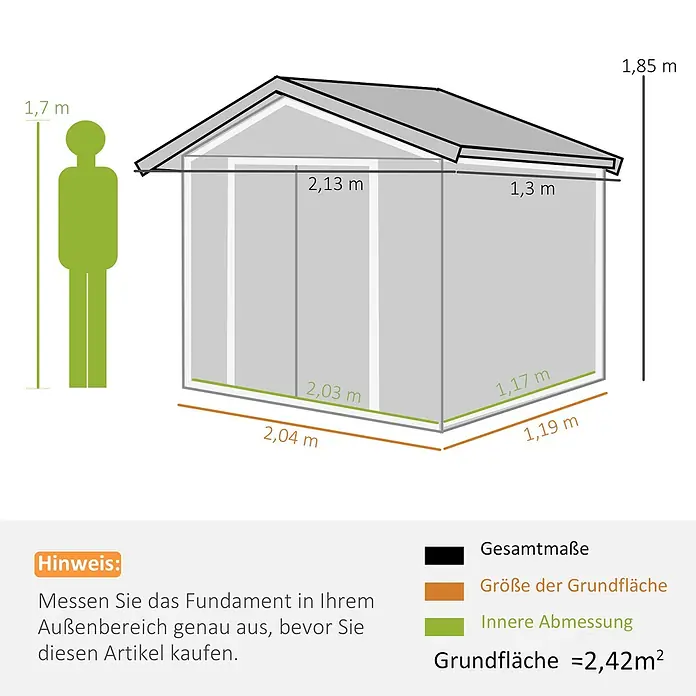 Outsunny Gerätehaus - Außenbreite inkl. Dachüberstand: 213 cm, Außentiefe inkl. Dachüberstand: 130 cm, Stahl, Grün - Diagramm eines Gartenhauses mit Außenmaßen (2,04x1,19m, Höhe 1,85m), Innenmaßen (2,03x1,17m) und einer Grundfläche von 2,42m².