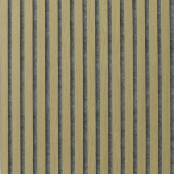 FN Neuhofer Akustikpaneel Acustico - Eiche natur foliert, L x B x S: 2.400 x 572,5 x 19 mm - Hellholz Akustikwandpaneel mit dunkler grauer Filzrückseite.