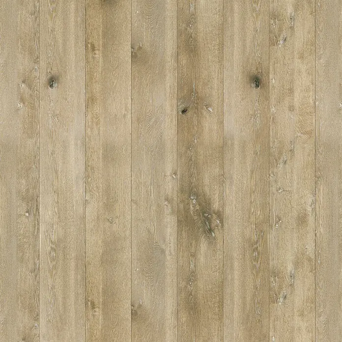GEO Alu-Verbundplatte - 150 x 255 cm, Eiche Gekalkt - Helle Holzfußbodendielen mit sichtbarer Maserung und Ästen.