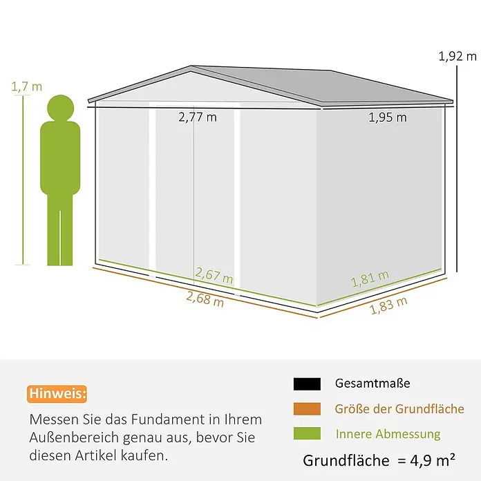 Outsunny Gerätehaus - Außenbreite inkl. Dachüberstand: 277 cm, Außentiefe inkl. Dachüberstand: 195 cm, Stahl, Grau - Maßstabsgetreue Darstellung eines Geräteschuppens mit Außen- und Innenmaßen, einer Person zum Größenvergleich. Grundfläche: 4,9 m².