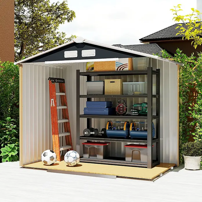 Outsunny Gerätehaus - Außenbreite inkl. Dachüberstand: 213 cm, Außentiefe inkl. Dachüberstand: 130 cm, Stahl, Dunkelgrau - Ein Metall-Gartenschuppen mit schwarzem Dach und weißen Wänden, innen Regale mit Werkzeugen und Sportgeräten, auf Holzterrasse.