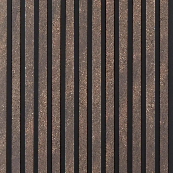 FibroTech Akustikpaneel Stone - Rusty Stone, L x B x S: 2.440 x 520 x 18 mm - Strukturierte grau-braune vertikale Akustikwandpaneele.
