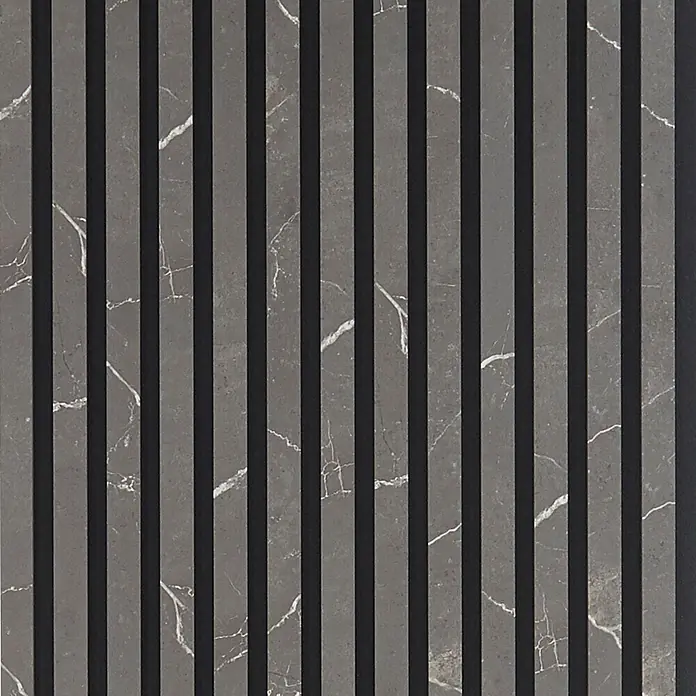 FibroTech Akustikpaneel Stone - Pattern Stone, L x B x S: 2.440 x 520 x 18 mm - Dekoratives Lamellen-Wandpaneel in Dunkelgrau mit marmoriertem dunklem Hintergrund und weißen Äderungen.