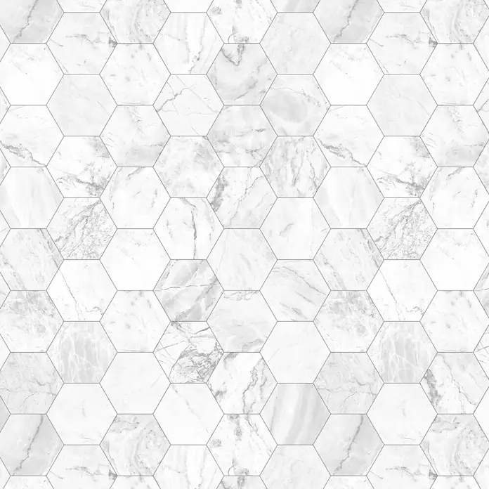 GEO Alu-Verbundplatte - 150 x 255 cm, Hexagon Weiß - Sechseckige Fliesen aus weiß-grauem Marmor mit schwarzen Fugen.