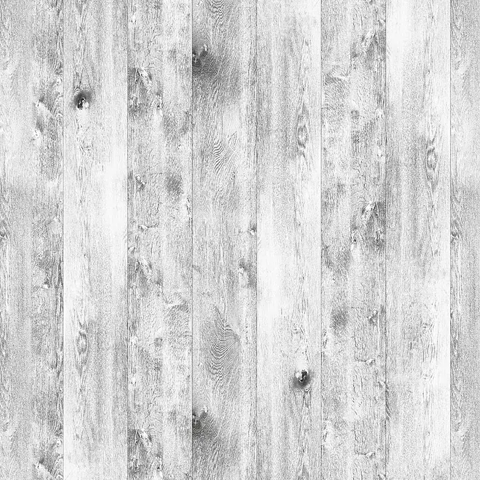 GEO Alu-Verbundplatte - 150 x 255 cm, Eiche Weiß - Hellgraue und weiße gealterte Holzplanken mit sichtbarer Maserung und Ästen.