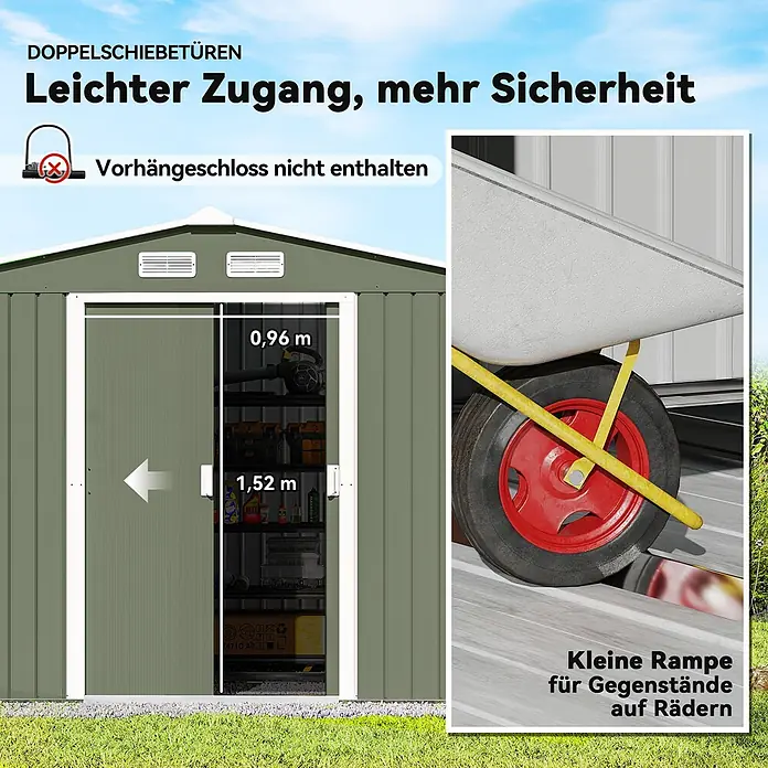 Outsunny Gerätehaus - Außenbreite inkl. Dachüberstand: 277 cm, Außentiefe inkl. Dachüberstand: 195 cm, Stahl, Hellgrün - Grünes Metallgerätehaus mit Doppelschiebetüren und einer niedrigen Rampe für rollbare Gegenstände.