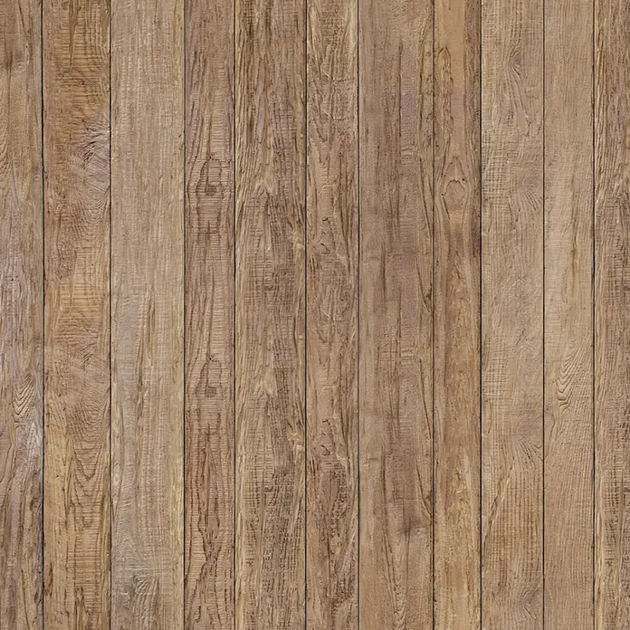 SanDesign Alu-Verbundplatte - 100 x 250 cm, Wood Planks - Hellbraune Holzverkleidung mit sichtbarer Maserung und vertikalen Dielen, die eine rustikale Oberfläche bilden.