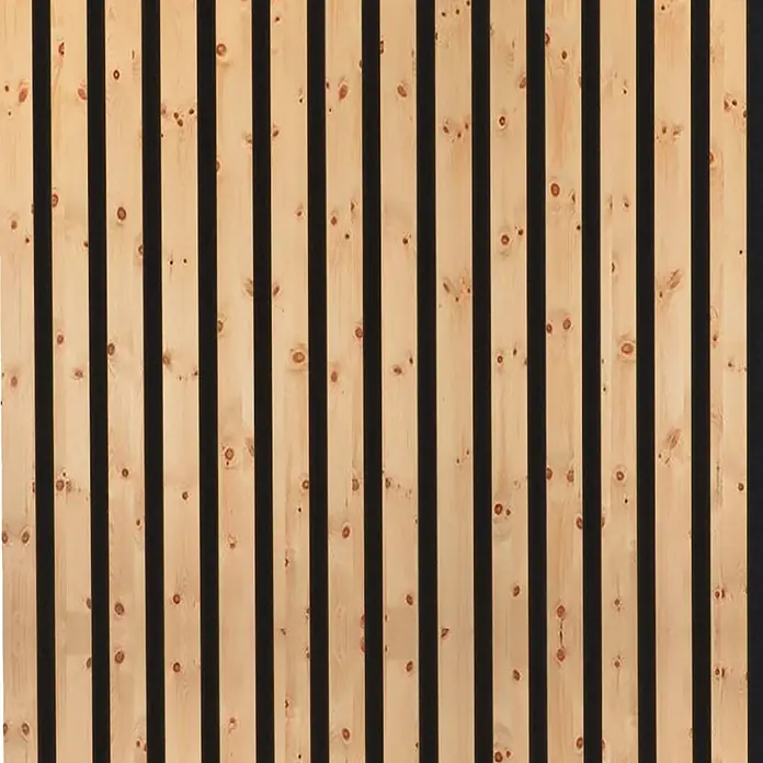 FN Neuhofer Akustikpaneel Acustico - Zirbe, L x B x S: 2.670 x 572,5 x 18 mm - Helle Holzlamellenwand mit sichtbaren Ästen und dunklen vertikalen Zwischenräumen, ideal für Wandverkleidung.