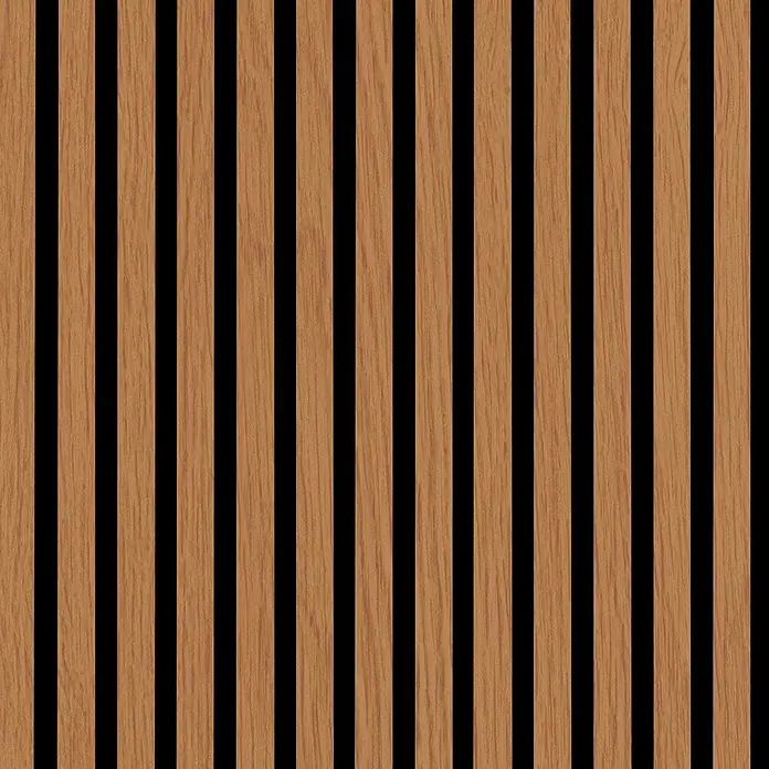 FN Neuhofer Akustikpaneel Acustico - Eiche foliert, L x B x S: 560 x 560 x 19 mm - Akustikpaneel mit vertikalen braunen Holzlamellen und schwarzen Zwischenräumen.