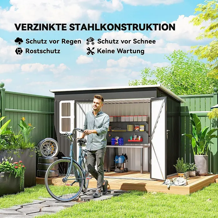 Outsunny Gerätehaus - Außenbreite inkl. Dachüberstand: 260 cm, Außentiefe inkl. Dachüberstand: 177 cm, Stahl, Dunkelgrau - Schwarzes Gartenhaus aus verzinktem Stahl im Garten, bietet Regen-, Schnee- und Rostschutz, wartungsfrei.