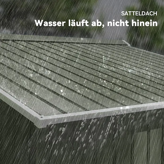 Outsunny Gerätehaus - Außenbreite inkl. Dachüberstand: 277 cm, Außentiefe inkl. Dachüberstand: 195 cm, Stahl, Hellgrün - Satteldach eines Gartenhauses im Regen, zeigt den Wasserablauf.