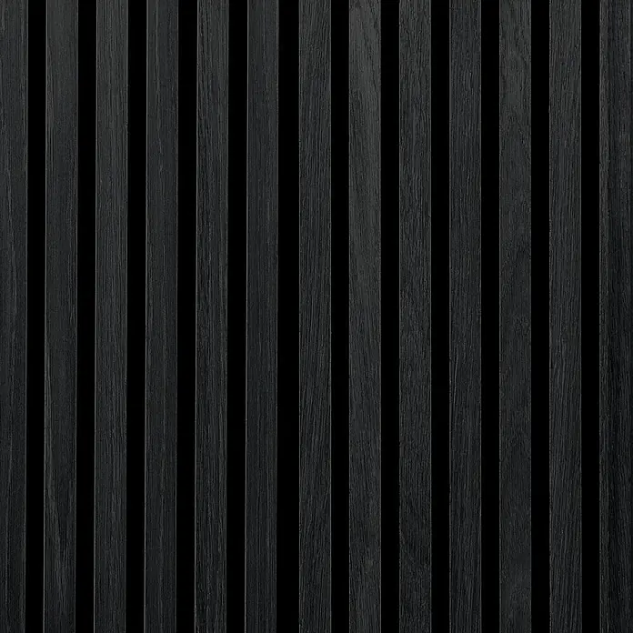 FibroTech Akustikpaneel SQUARE - Black Oak, 520 x 520 x 22 mm - Schwarze Holzlamellenplatte mit sichtbarer vertikaler Holzmaserung.