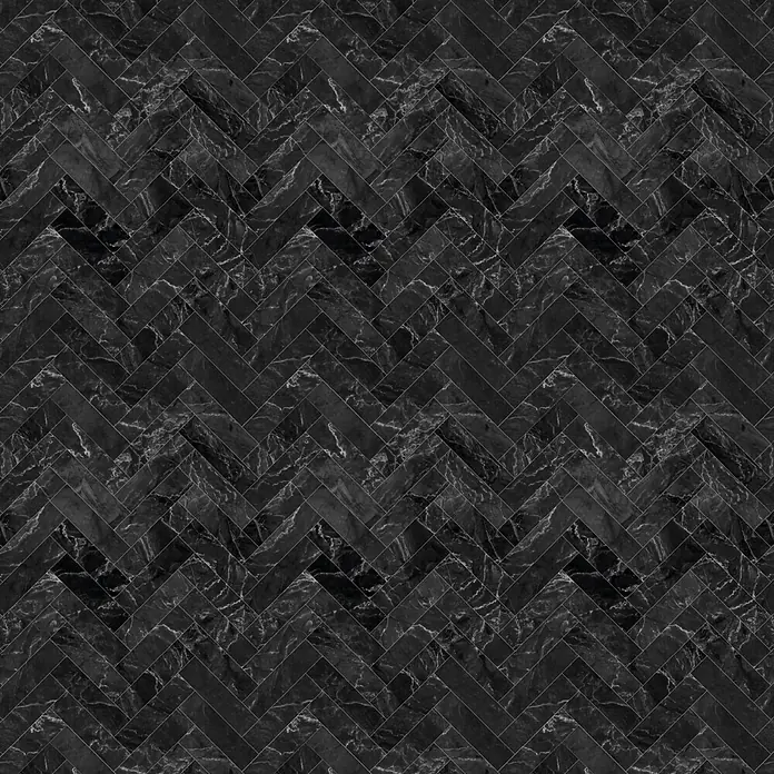 GEO Alu-Verbundplatte - 150 x 255 cm, Anthrazit - Schwarze Marmorfliesen im Fischgrätmuster.