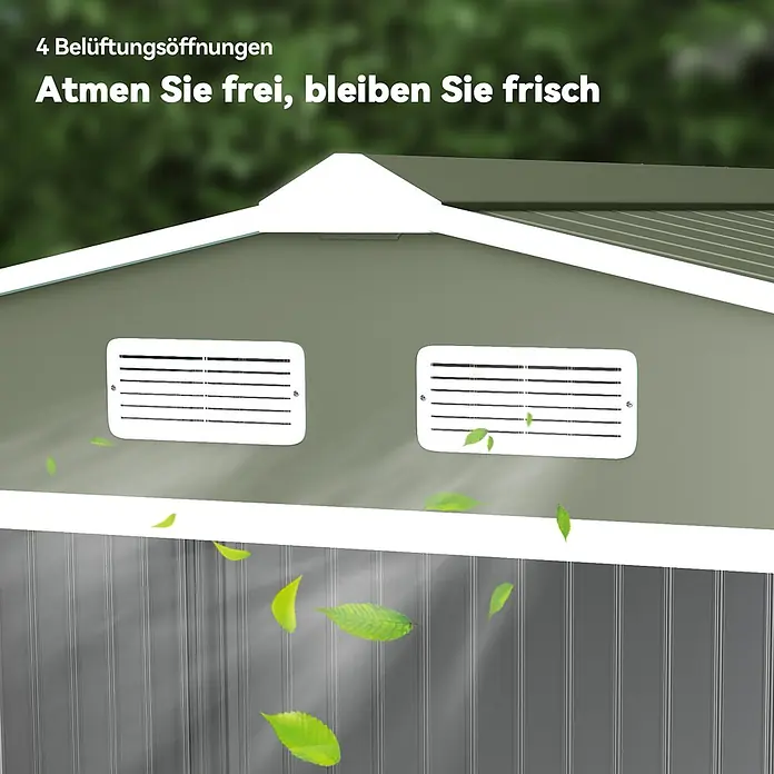 Outsunny Gerätehaus - Außenbreite inkl. Dachüberstand: 277 cm, Außentiefe inkl. Dachüberstand: 195 cm, Stahl, Hellgrün - Zwei weiße Belüftungsöffnungen an einer grünen Geräteschuppenwand sorgen für frische Luft.