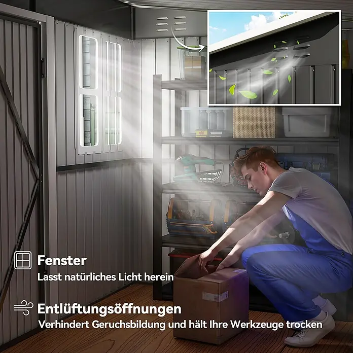 Outsunny Gerätehaus - Außenbreite inkl. Dachüberstand: 260 cm, Außentiefe inkl. Dachüberstand: 177 cm, Stahl, Dunkelgrau - Geräteschuppen-Innenansicht mit Fenstern für Tageslicht und Lüftungsöffnungen, ein Mann sortiert Werkzeuge und Kisten.