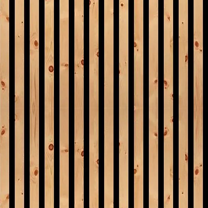 FN Neuhofer Akustikpaneel Acustico - Zirbe, L x B x S: 2.400 x 572,5 x 18 mm - Helle Holzlamellenwand mit sichtbaren Ästen, geeignet für dekorative Wandverkleidungen oder Raumteiler.