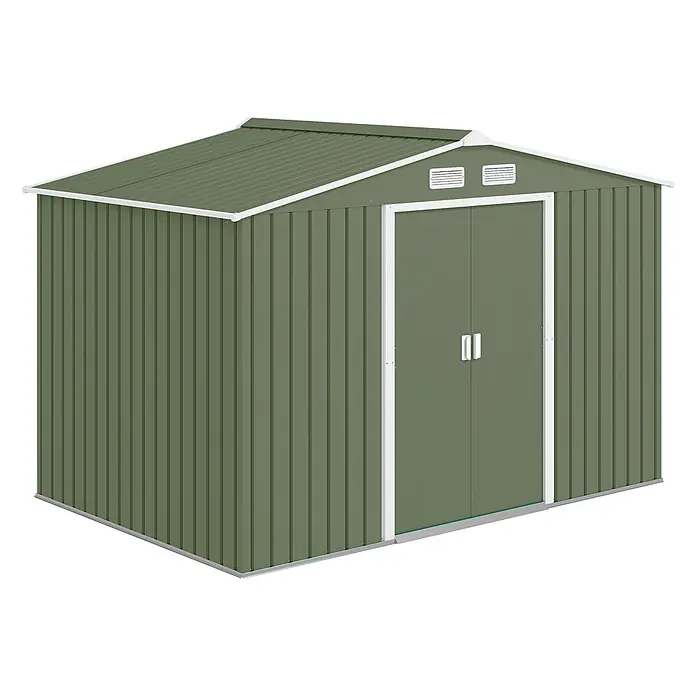 Outsunny Gerätehaus - Außenbreite inkl. Dachüberstand: 277 cm, Außentiefe inkl. Dachüberstand: 195 cm, Stahl, Hellgrün - Grüner Metall-Gartenschuppen mit Schrägdach und Doppeltüren zur Aufbewahrung im Freien.