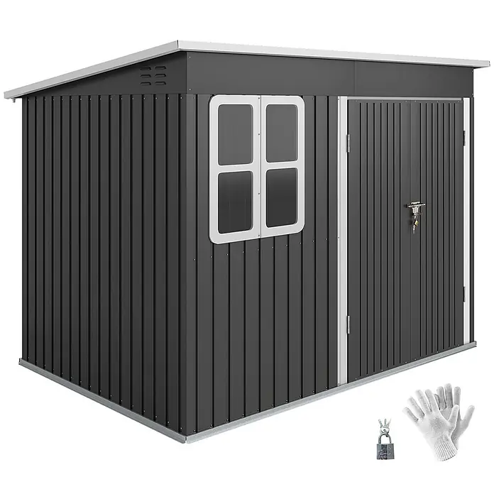 Outsunny Gerätehaus - Außenbreite inkl. Dachüberstand: 260 cm, Außentiefe inkl. Dachüberstand: 177 cm, Stahl, Dunkelgrau - Dunkelgraues Metall-Gartenhaus mit Fenster, Tür, weißem Dachrand, Vorhängeschloss und Handschuhen.