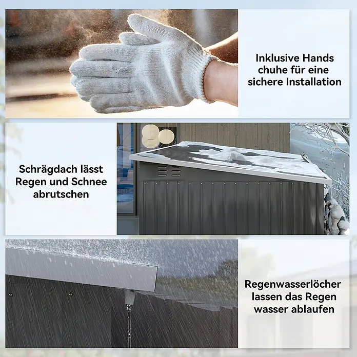 Outsunny Gerätehaus - Außenbreite inkl. Dachüberstand: 260 cm, Außentiefe inkl. Dachüberstand: 177 cm, Stahl, Dunkelgrau - Geräteschuppen mit Schrägdach für Regen-/Schneeabfluss und integrierter Entwässerung. Inklusive Handschuhe für die Installation.