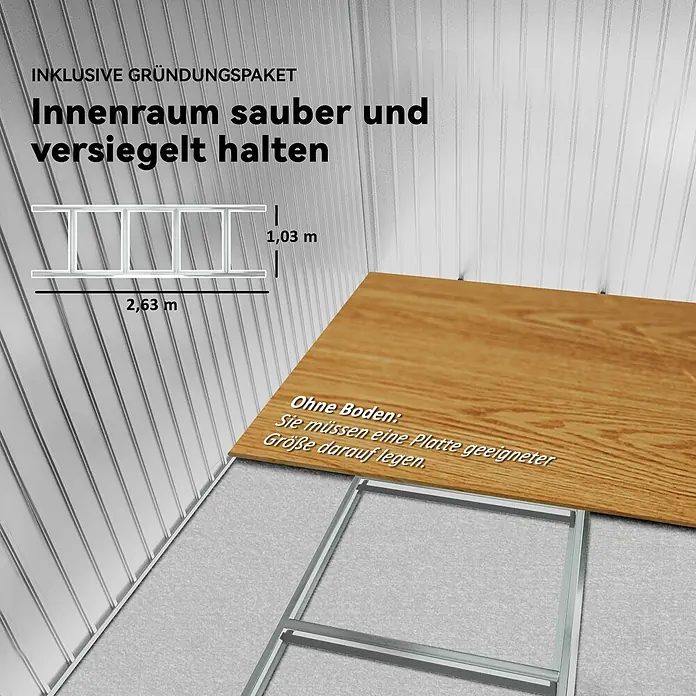 Outsunny Gerätehaus - Außenbreite inkl. Dachüberstand: 277 cm, Außentiefe inkl. Dachüberstand: 195 cm, Stahl, Hellgrün - Silberner Metallfundamentrahmen, 2,63x1,03m, für ein Gartenhaus, hält Innenraum sauber; erfordert Bodenplatte.
