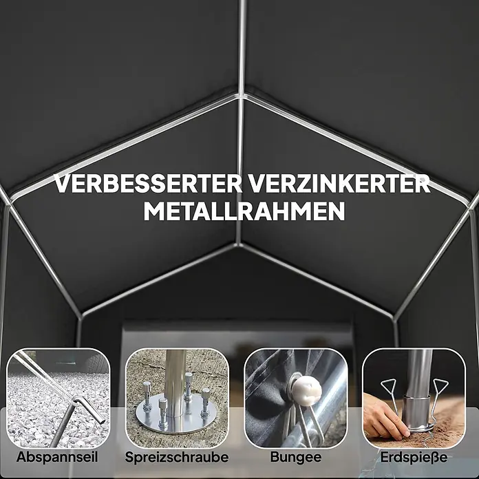 Outsunny Gerätehaus - Außenbreite inkl. Dachüberstand: 190 cm, Außentiefe inkl. Dachüberstand: 230 cm, Polyester, Dunkelgrau - Dunkelgraues Carport mit verbessertem verzinktem Metallrahmen und verschiedenen Befestigungsoptionen wie Seilen, Schrauben, Bungees und Erdspießen.
