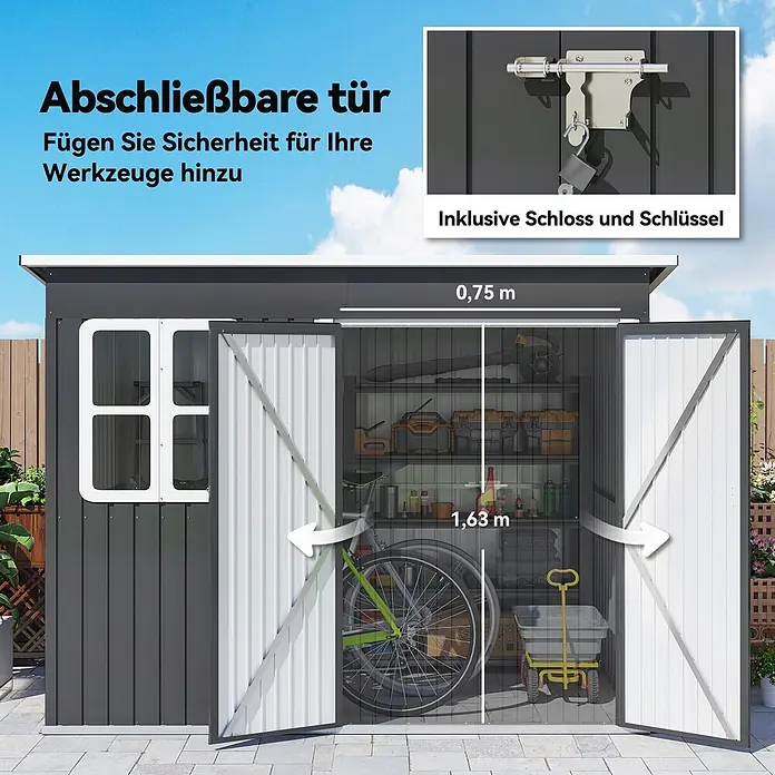 Outsunny Gerätehaus - Außenbreite inkl. Dachüberstand: 260 cm, Außentiefe inkl. Dachüberstand: 177 cm, Stahl, Dunkelgrau - Dunkelgraues Gerätehaus aus Metall mit weißen Türen, zeigt Innenraum und Maße. Abschließbare Tür für sichere Aufbewahrung.