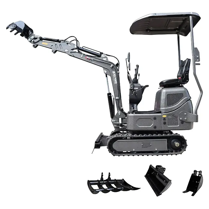 HZC Power Minibagger DKB941S - 7 kW, Diesel, Auslegerschwenkbereich: -60 ° - 60 ° - Kompakter grauer Minibagger mit schwarzen Ketten, verstellbarem Arm und drei schwarzen Grabaufsätzen.