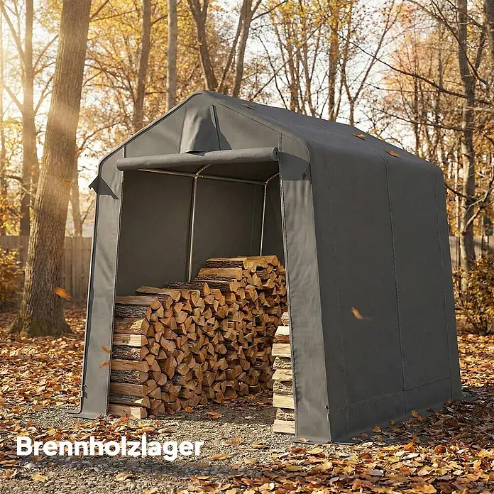 Outsunny Gerätehaus - Außenbreite inkl. Dachüberstand: 190 cm, Außentiefe inkl. Dachüberstand: 230 cm, Polyester, Dunkelgrau - Graues Holzlagerschuppen aus Stoff, gefüllt mit gestapeltem Brennholz, im herbstlichen Außenbereich.
