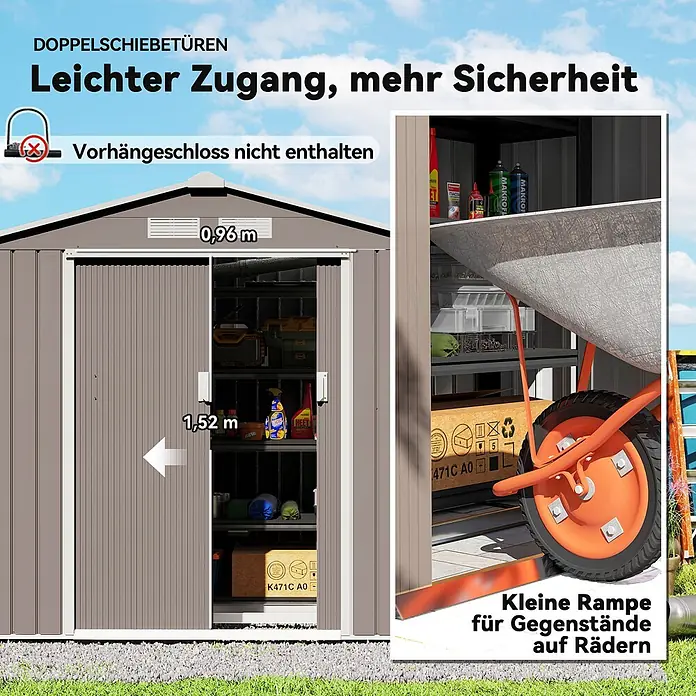 Outsunny Gerätehaus - Außenbreite inkl. Dachüberstand: 213 cm, Außentiefe inkl. Dachüberstand: 130 cm, Stahl, Grau - Brauner Geräteschuppen mit Doppelschiebetüren, Schubkarre auf kleiner Rampe und Türmaßen (0,96m x 1,52m).