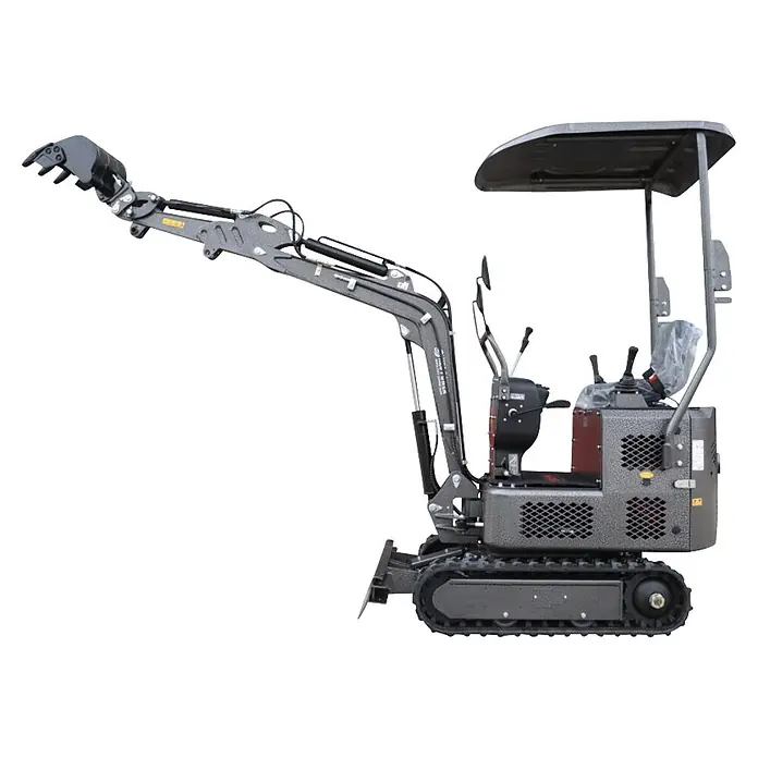 HZC Power Minibagger DKB991S - 7 kW, Diesel, Auslegerschwenkbereich: -60 ° - 60 ° - Grauer Mini-Bagger mit Kettenlaufwerk, Knickarm, Grabschaufel und einem Schutzdach über dem Fahrersitz.