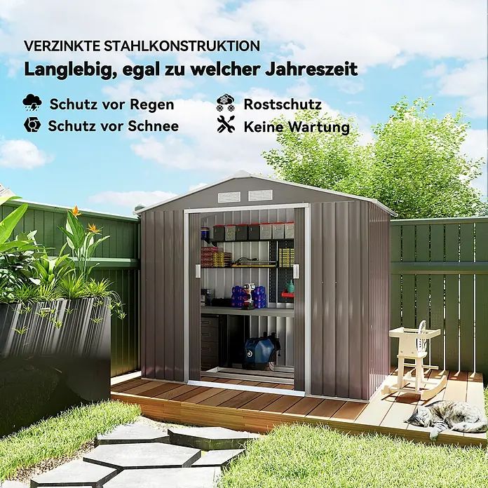 Outsunny Gerätehaus - Außenbreite inkl. Dachüberstand: 213 cm, Außentiefe inkl. Dachüberstand: 130 cm, Stahl, Grau - Robuster, dunkelgrauer Geräteschuppen aus verzinktem Stahl im Garten, offen für Lagermöglichkeiten. Langlebig und wartungsfrei für alle Jahreszeiten.