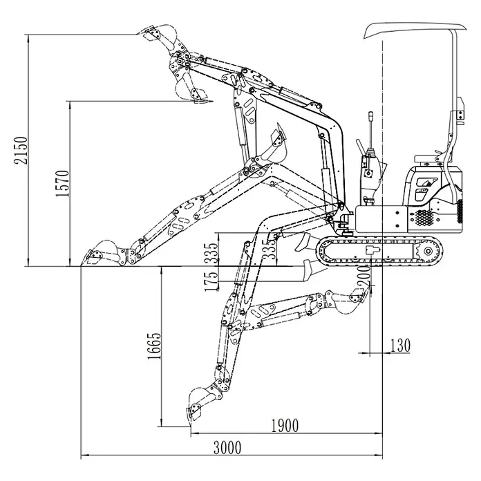 HZC Power Minibagger DKB941S - 7 kW, Diesel, Auslegerschwenkbereich: -60 ° - 60 ° - Technisches Diagramm eines Mini-Baggers, das seinen Arbeitsbereich und seine Abmessungen in verschiedenen Ausleger- und Schaufelpositionen zeigt.