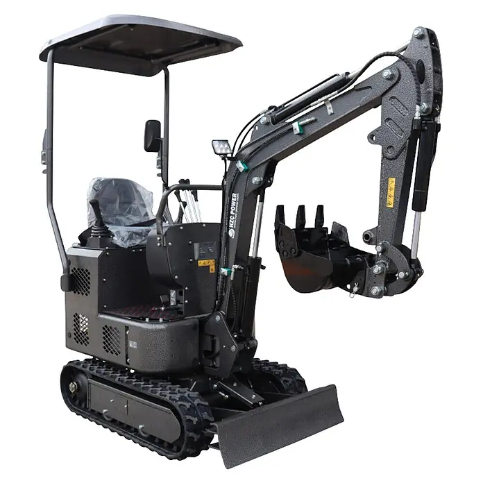 HZC Power Minibagger DKB991S - 7 kW, Diesel, Auslegerschwenkbereich: -60 ° - 60 ° - Schwarzer Minibagger mit Schutzdach, Planierschild und Grablöffel auf Gummiketten.
